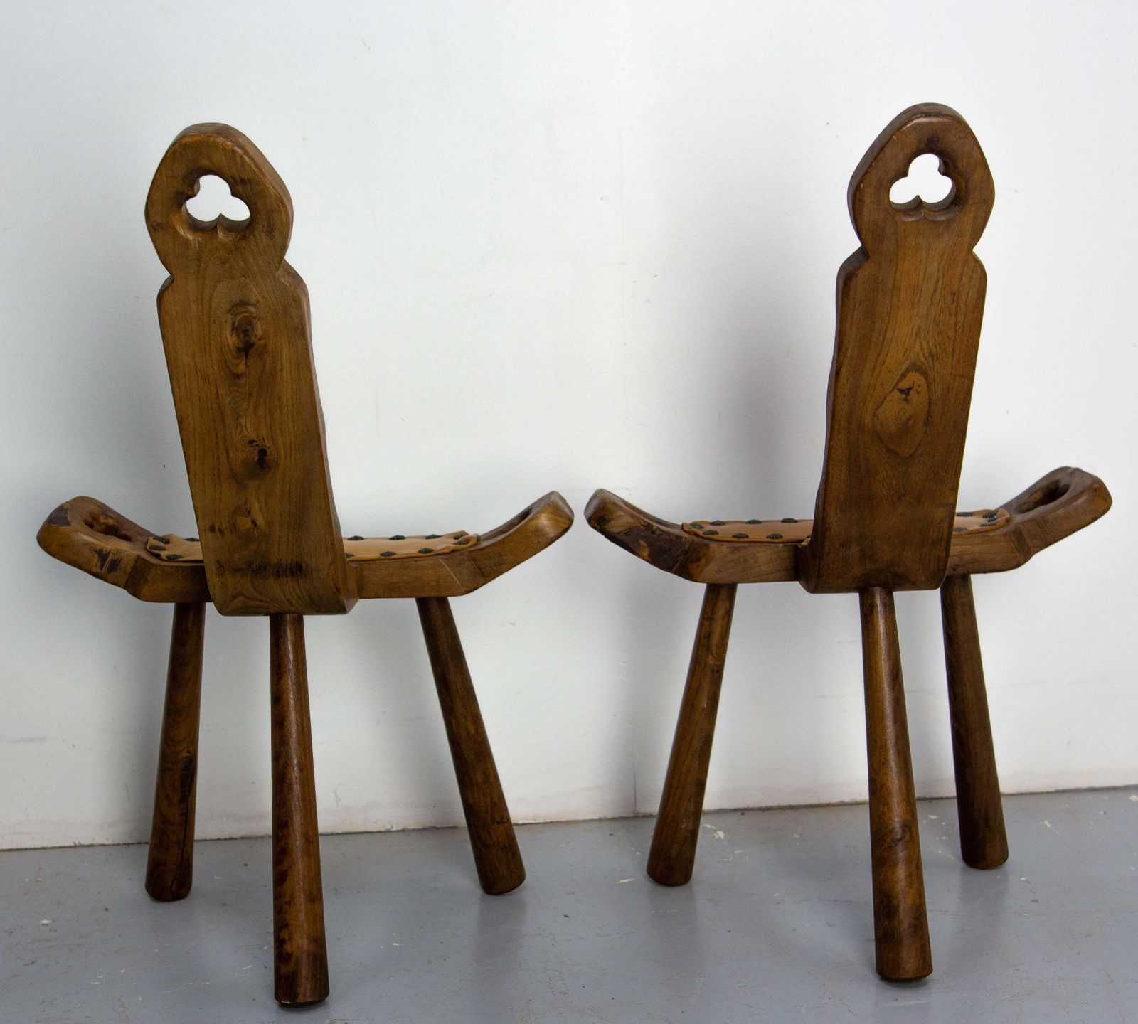 Pair Of Spanish Tripod Chairs Three Legs Poplar & Leather Midcentury photo buy