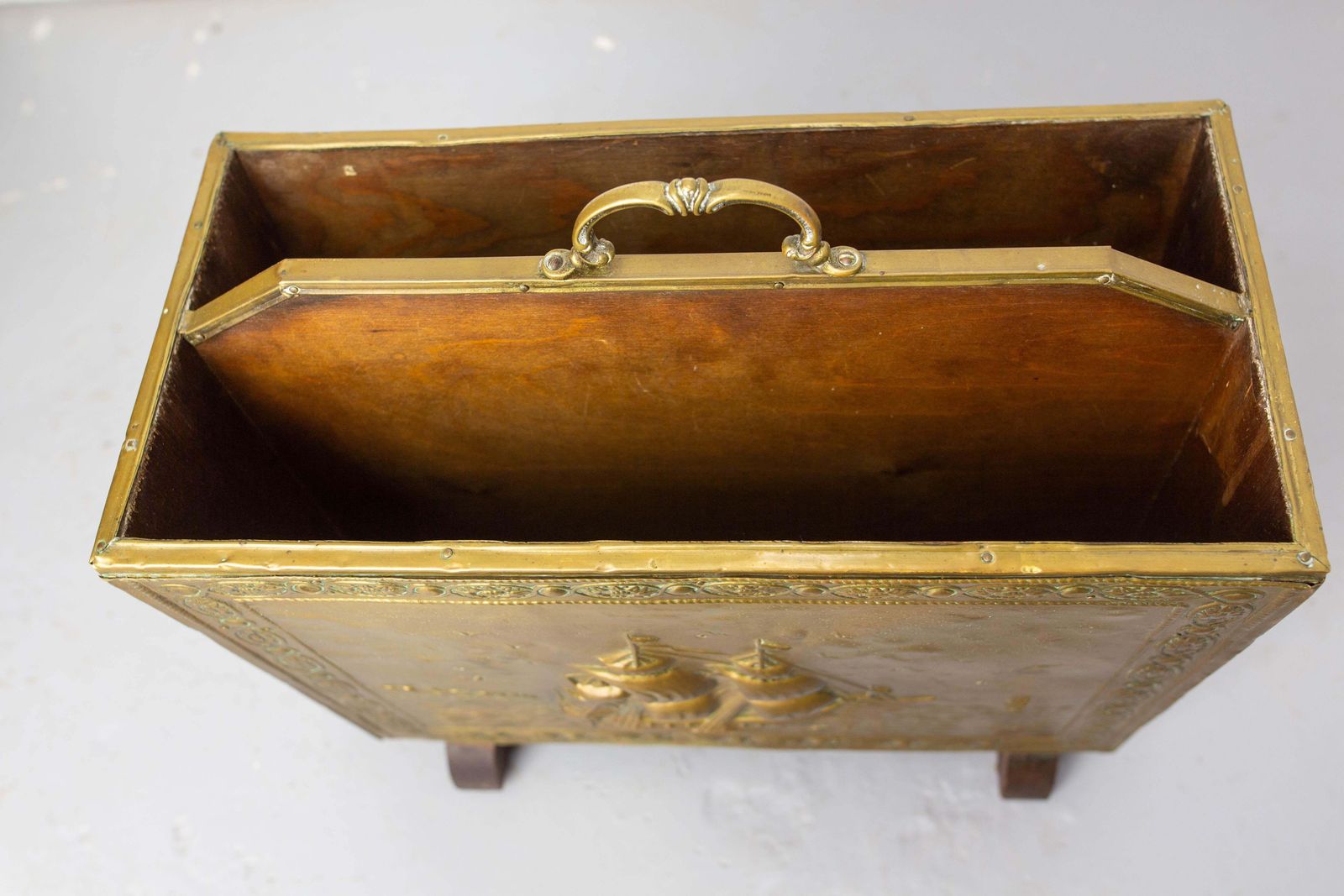 photo for sale French Magazine Rack Embossed Brass & Wood Representing Spanish Galleons C. 1960