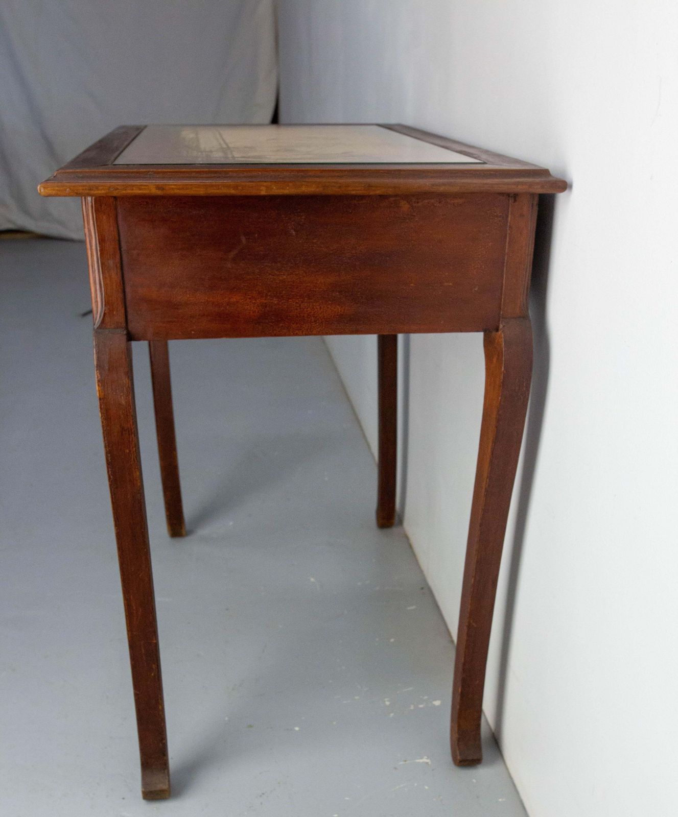 French Art Nouveau Wood Side Table Writing Table Glass Top One Drawer, C 1920 photo vinterior