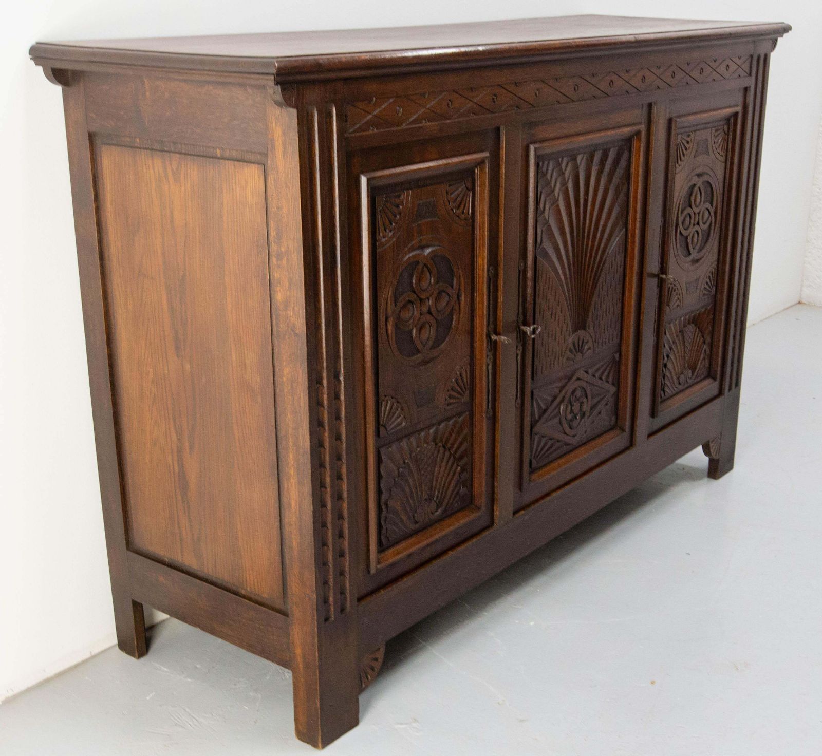 French Vintage Oak & Wrought Iron Buffet Neogothic Style Basque Cross Midcentury photo for sale