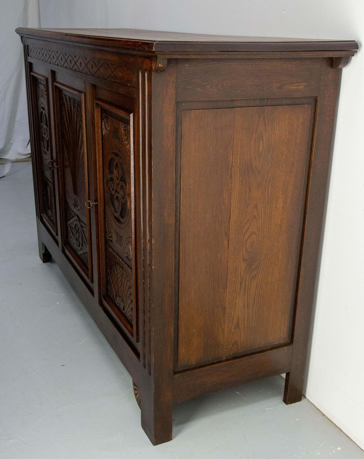 French Vintage Oak & Wrought Iron Buffet Neogothic Style Basque Cross Midcentury photo Furniture
