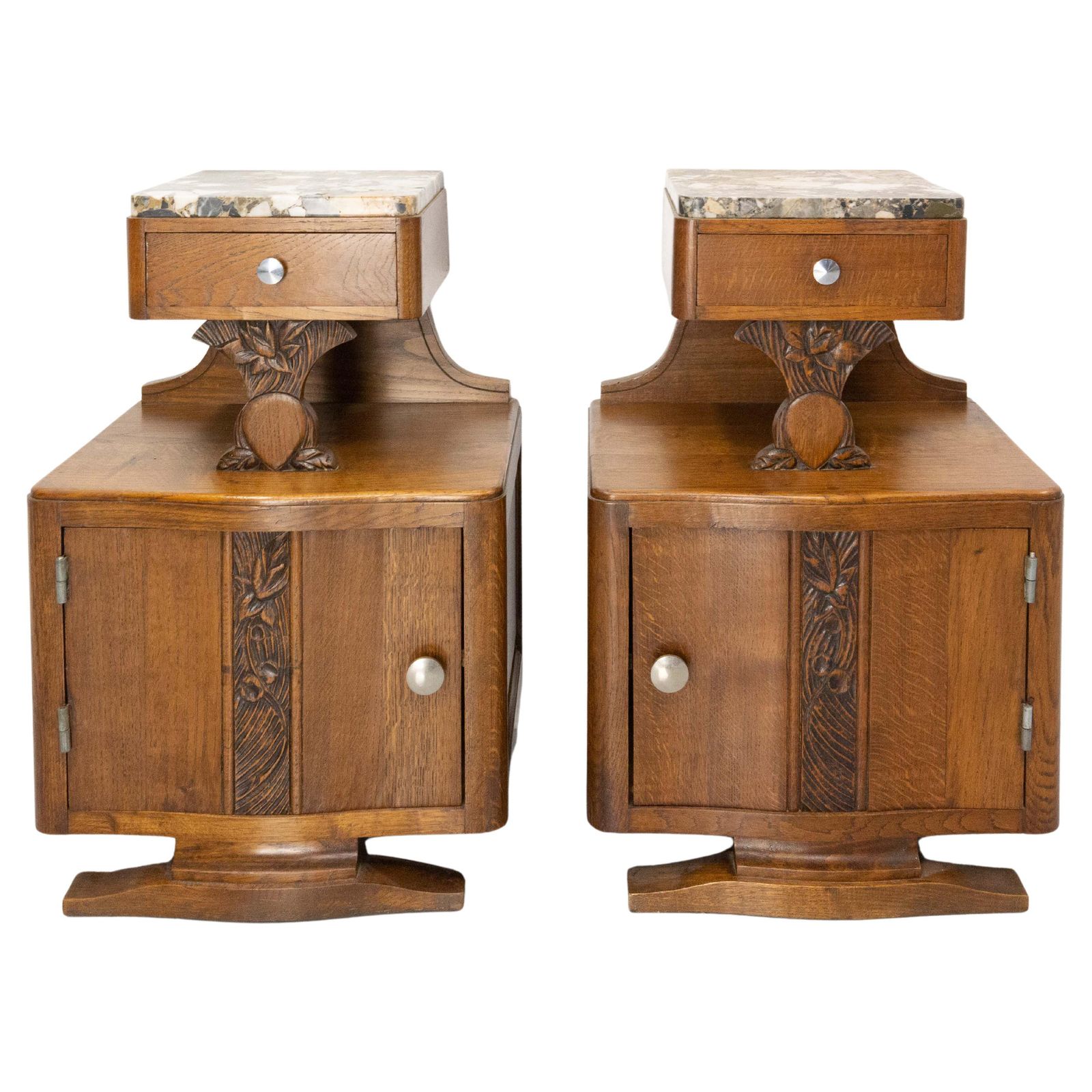 French Pair Of Nightstands Side Cabinets Bedside Oak &Marble Top Midcentury