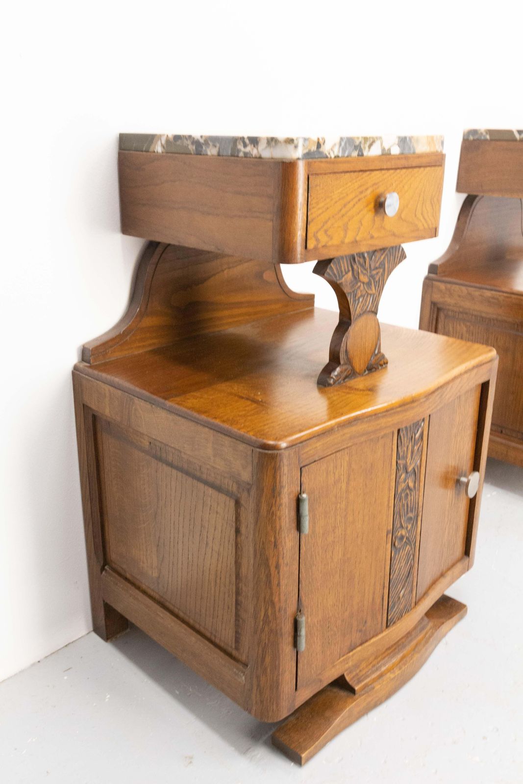 French Pair Of Nightstands Side Cabinets Bedside Oak &Marble Top Midcentury photo 1090.0