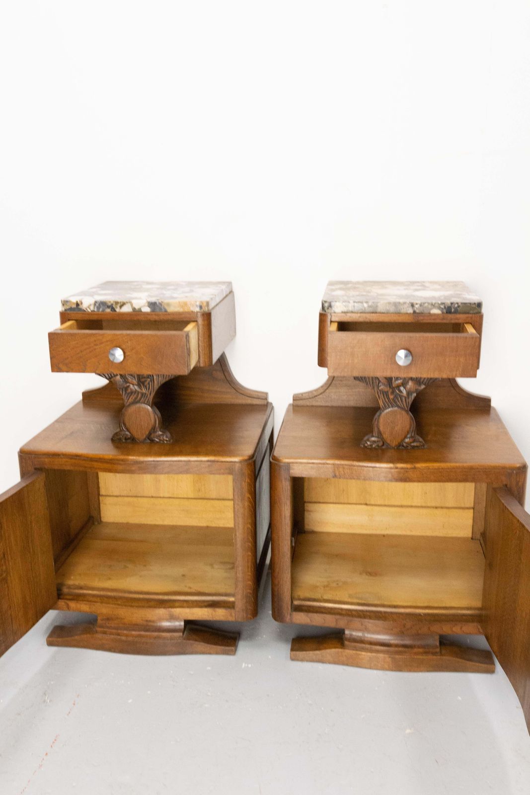 1090.0 French Pair Of Nightstands Side Cabinets Bedside Oak &Marble Top Midcentury photo