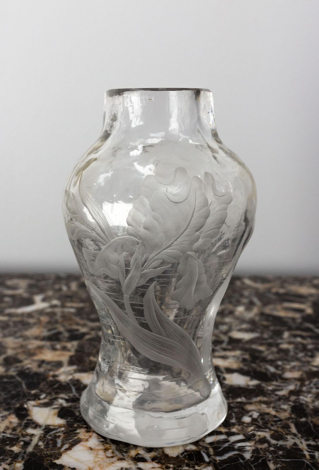 French Glass Vase With Iris And Lacusted Decoration Art Nouveau, Circa 1900 photo Home Decor