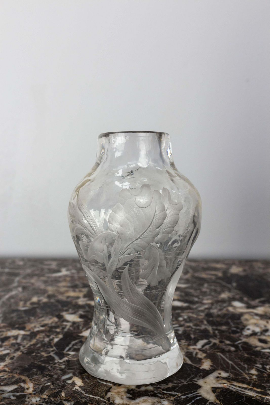 French Glass Vase With Iris And Lacusted Decoration Art Nouveau, Circa 1900 photo vintage