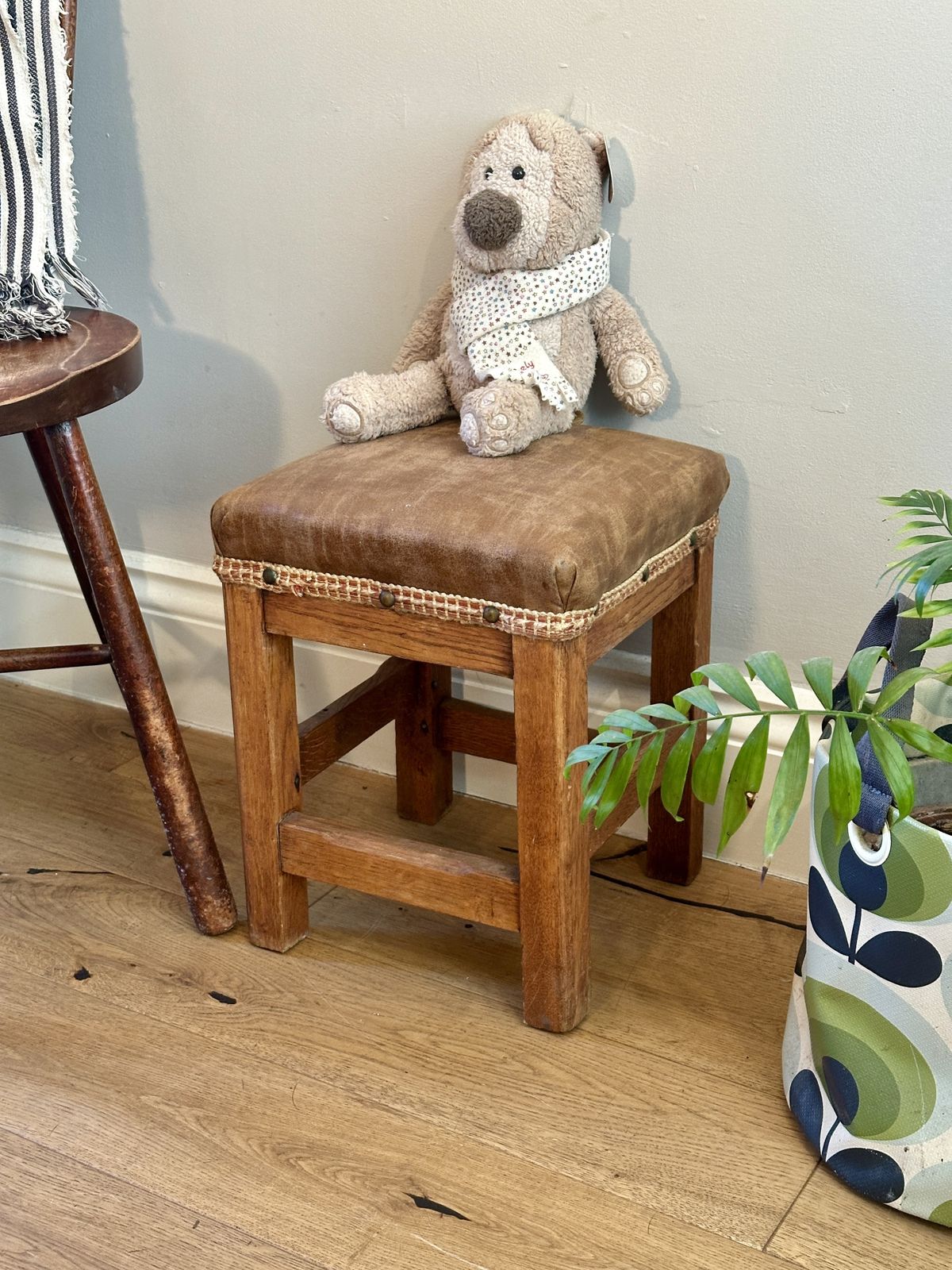 Vintage Small Square Leather And Wood Foot Stool photo Furniture