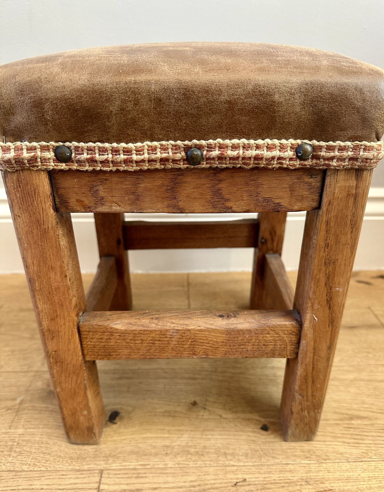 Vintage Small Square Leather And Wood Foot Stool photo 73.0