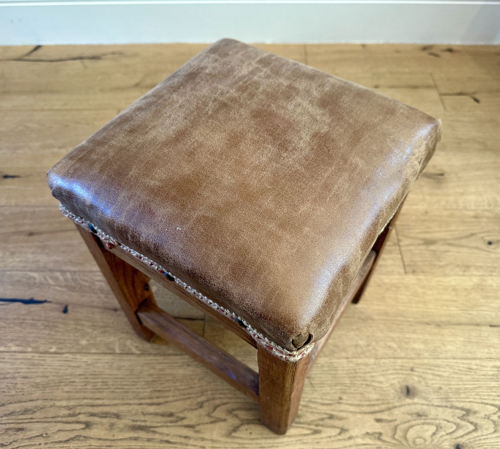 Vintage Small Square Leather And Wood Foot Stool photo vinterior