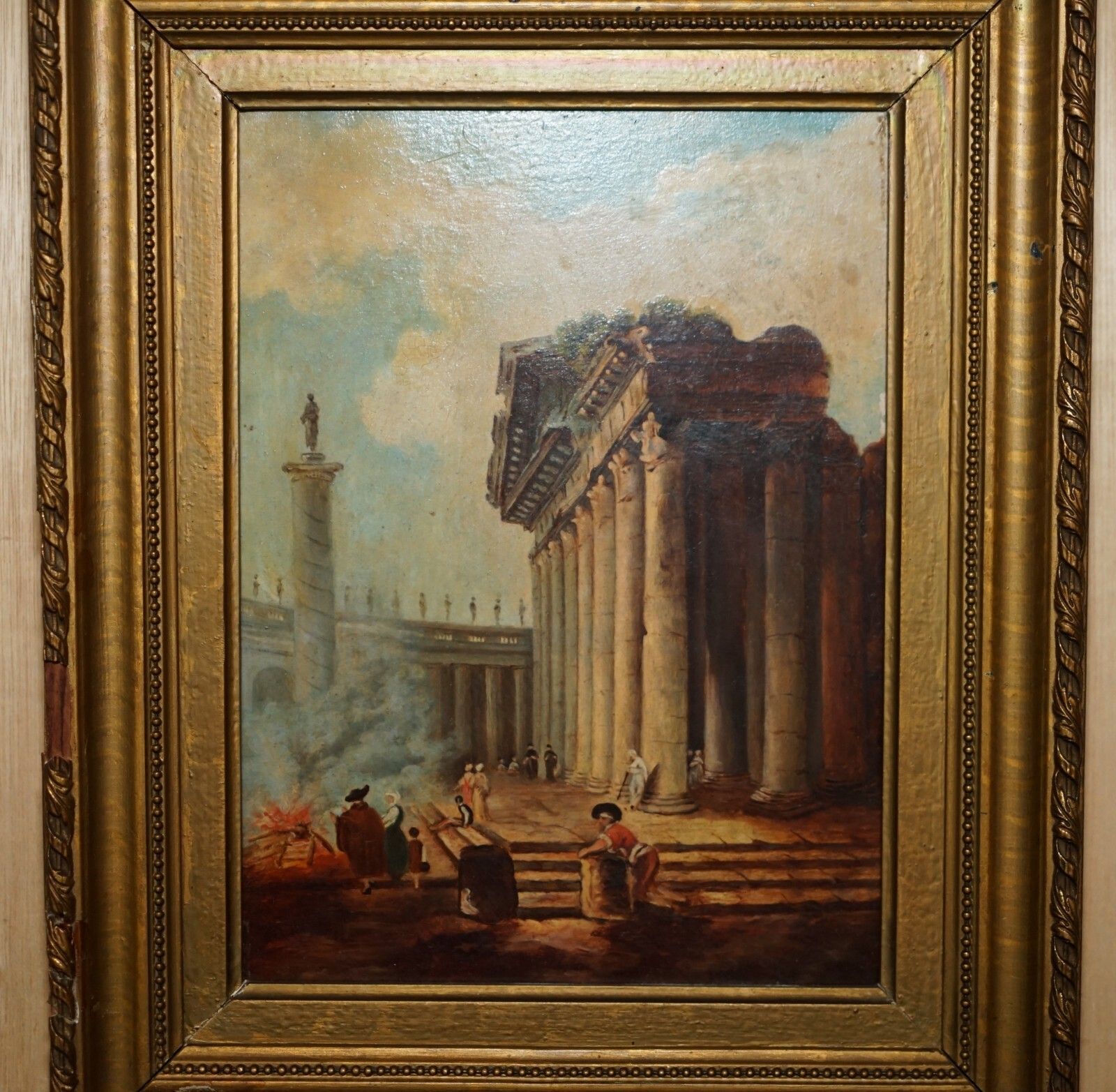 Antique Grand Tour Marcus Aurelius Statue Corinthian Pillar Roman Oil Painting photo furniture
