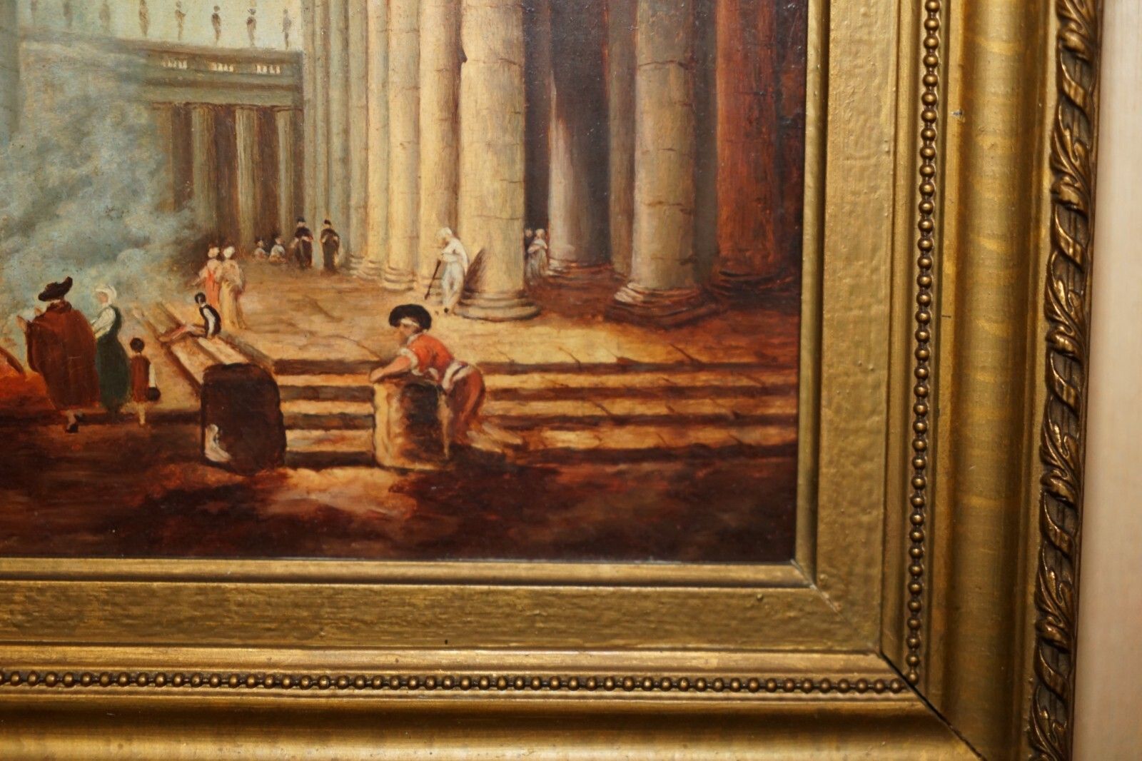 Antique Grand Tour Marcus Aurelius Statue Corinthian Pillar Roman Oil Painting photo vintage