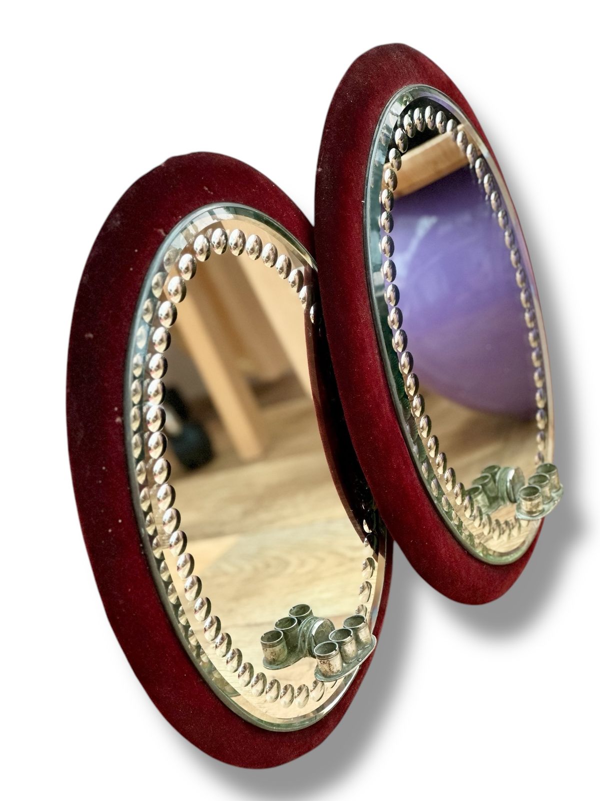 Pair 19th Century Irish Sorcerers Mirrors With Candle Sconces In Red Velvet Frame photo furniture