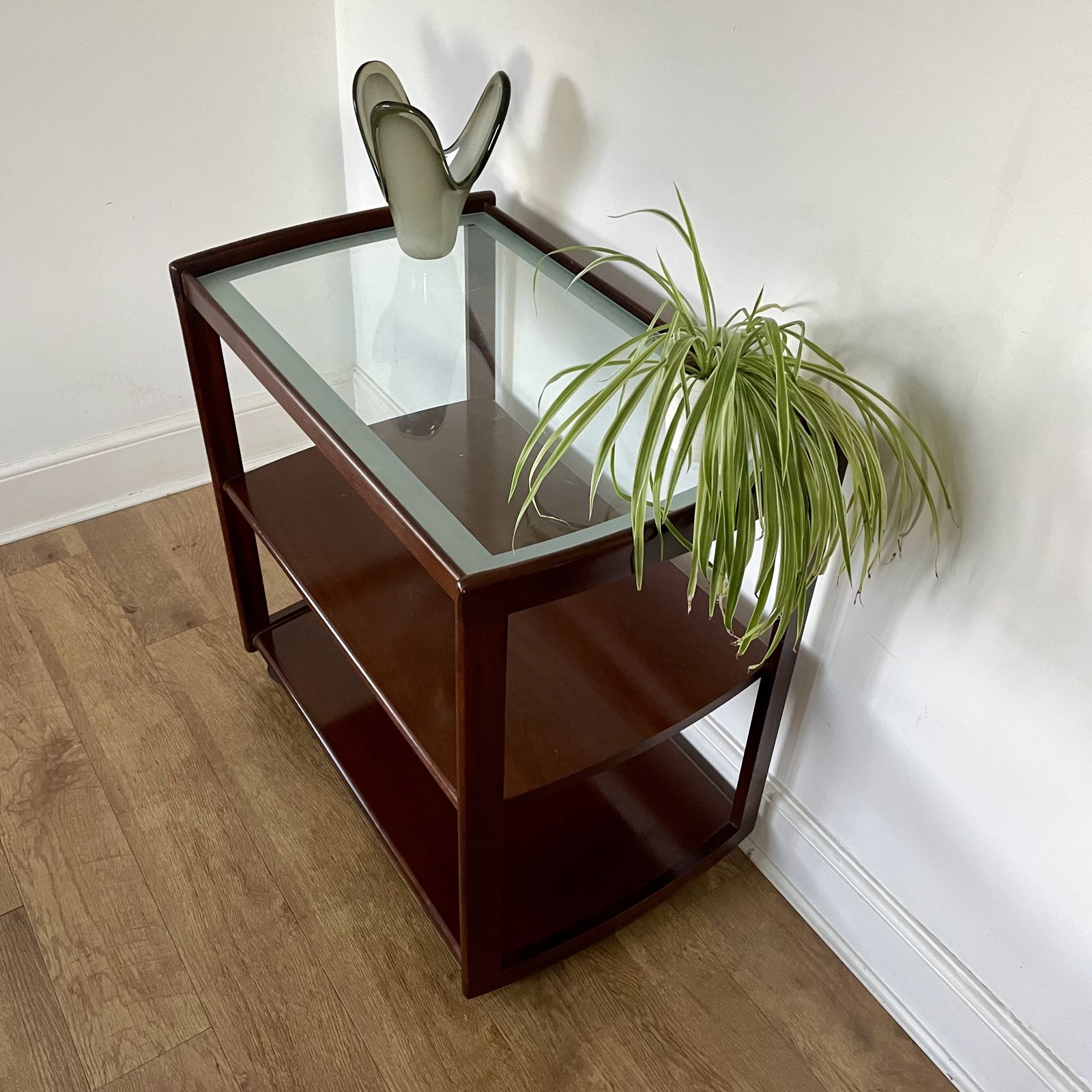 Mid Century Mahogany Glazed  Serving Cart On Danish Kevi Castors photo Furniture