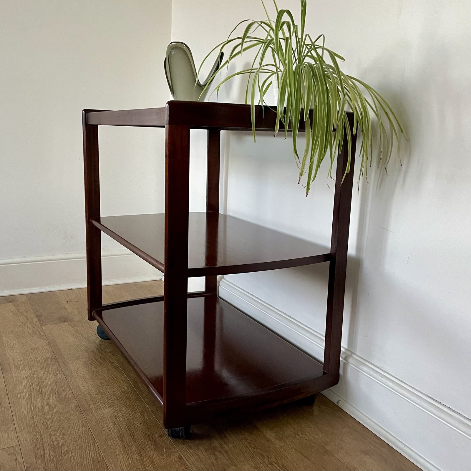 Mid Century Mahogany Glazed  Serving Cart On Danish Kevi Castors photo vinterior