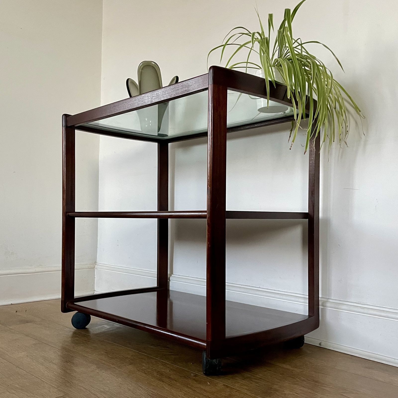 Mid Century Mahogany Glazed  Serving Cart On Danish Kevi Castors