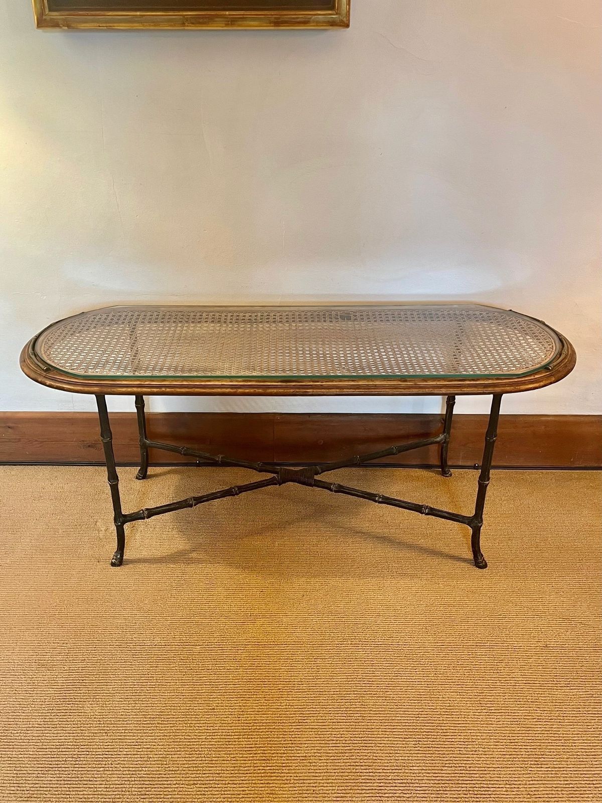 Vintage Mid Century French Coffee Table C.1950 Caned Glass Top Faux Bamboo Base photo 749.0