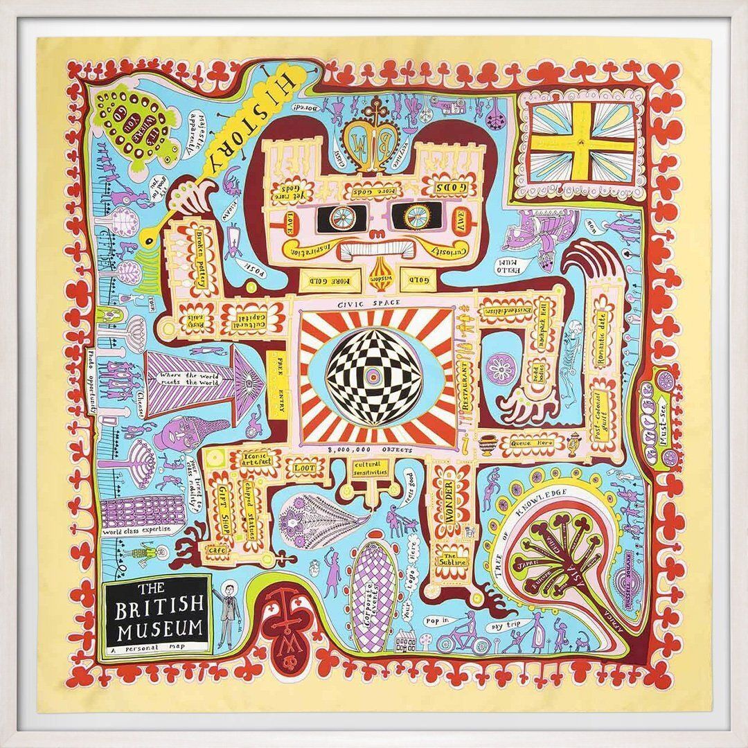 Grayson Perry, British Museum Map, 90cm, Framed Silk Scarf