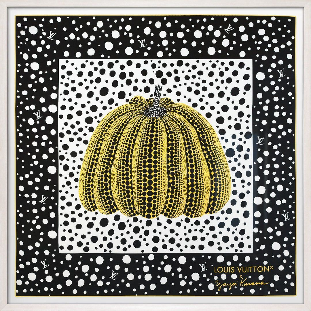 Louis Vuitton X Yayoi Kusama, Infinity Dots Pumpkin, Yellow & Black, 90cm, Framed Silk Scarf
