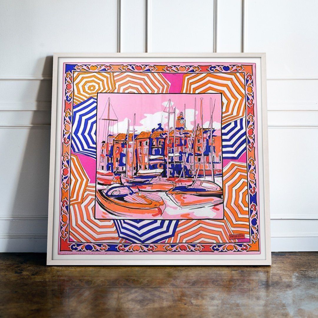 Emilio Pucci, Cities Of The World, Saint Tropez, Pink, 90cm , Framed Silk Scarf photo furniture