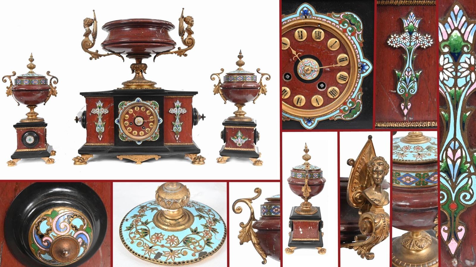 French Cloisonne Marble Clock Set Garniture Marble Aesthetic Movement