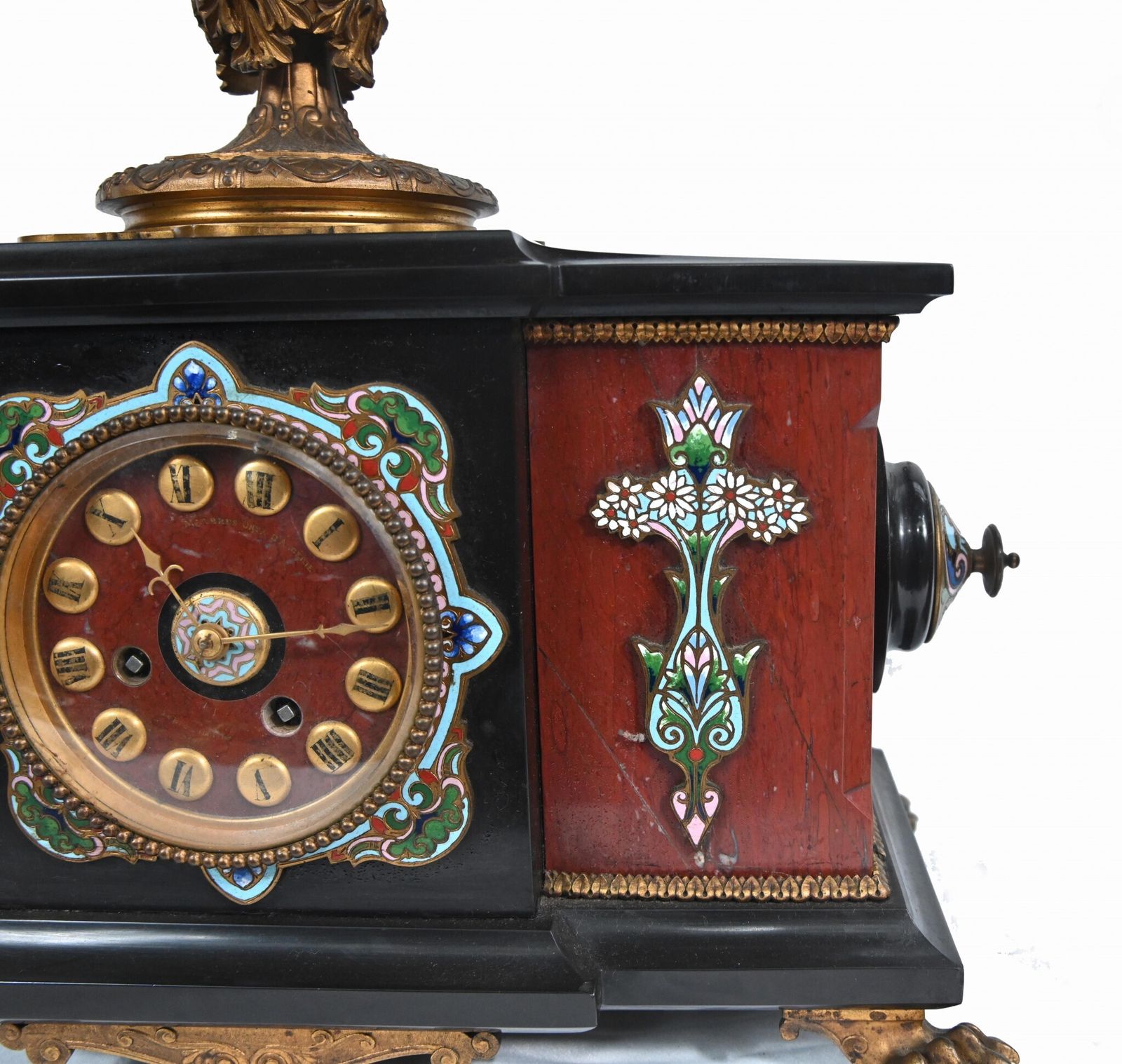 French Cloisonne Marble Clock Set Garniture Marble Aesthetic Movement photo vintage