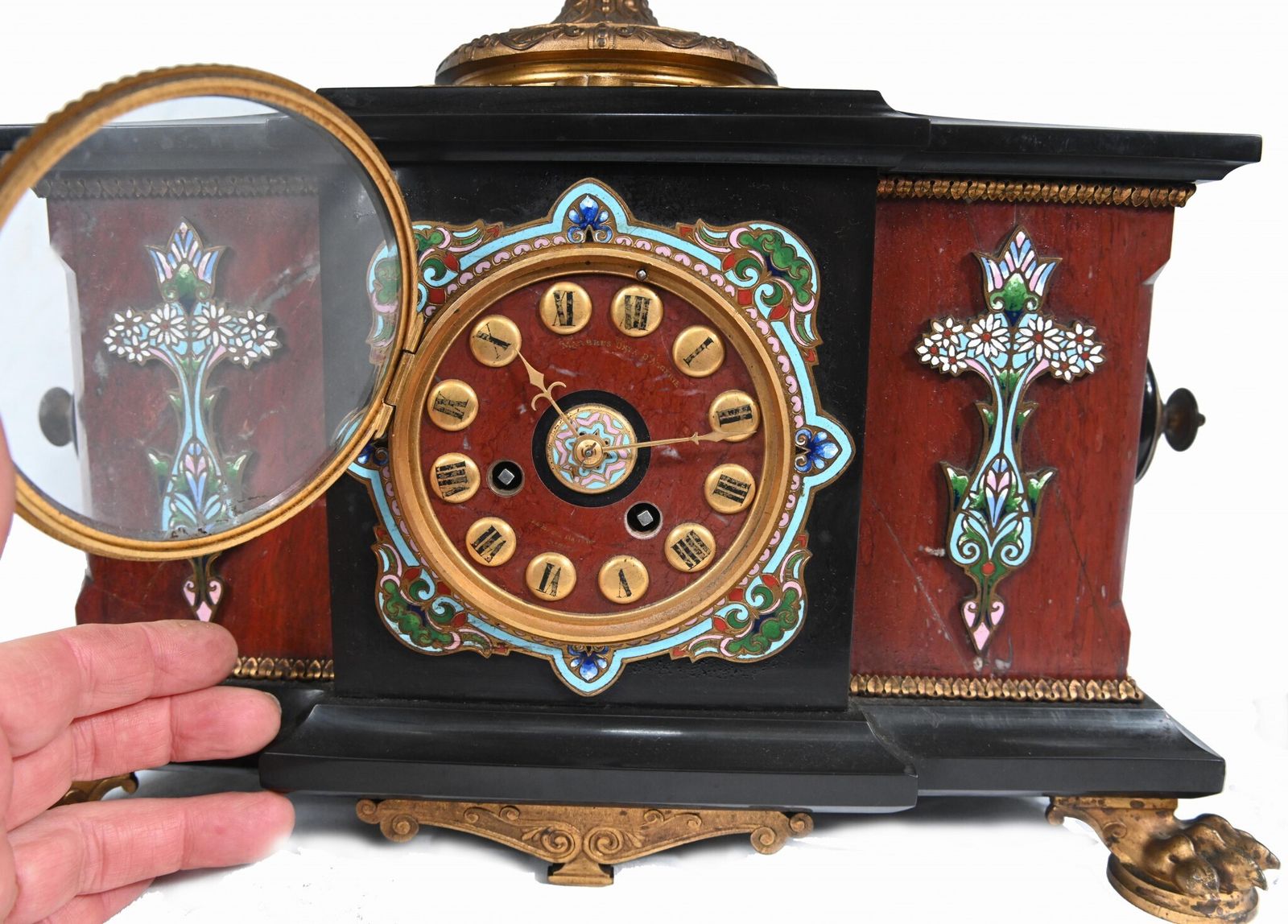 photo for sale French Cloisonne Marble Clock Set Garniture Marble Aesthetic Movement