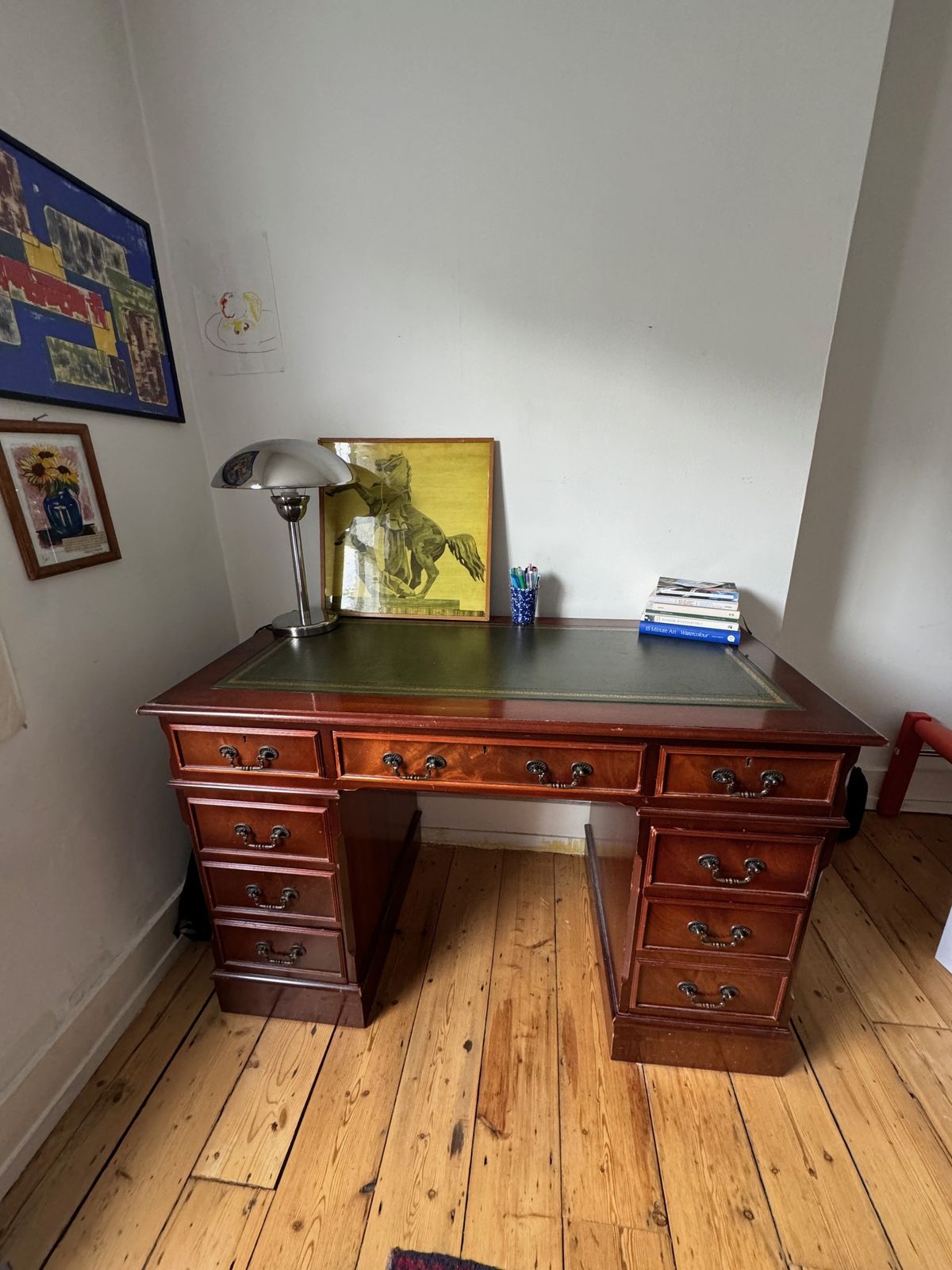Vintage Green Leather Top Mahogany Desk – Classic & Elegant photo for sale
