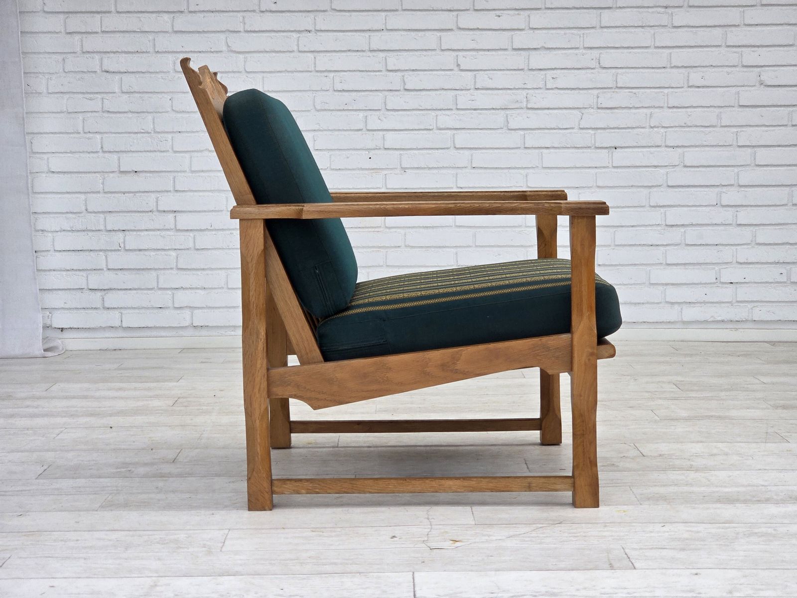 Furniture 1970s, Scandinavian Lounge Chair, Green Furniture Wool, Solid Oak Wood. photo