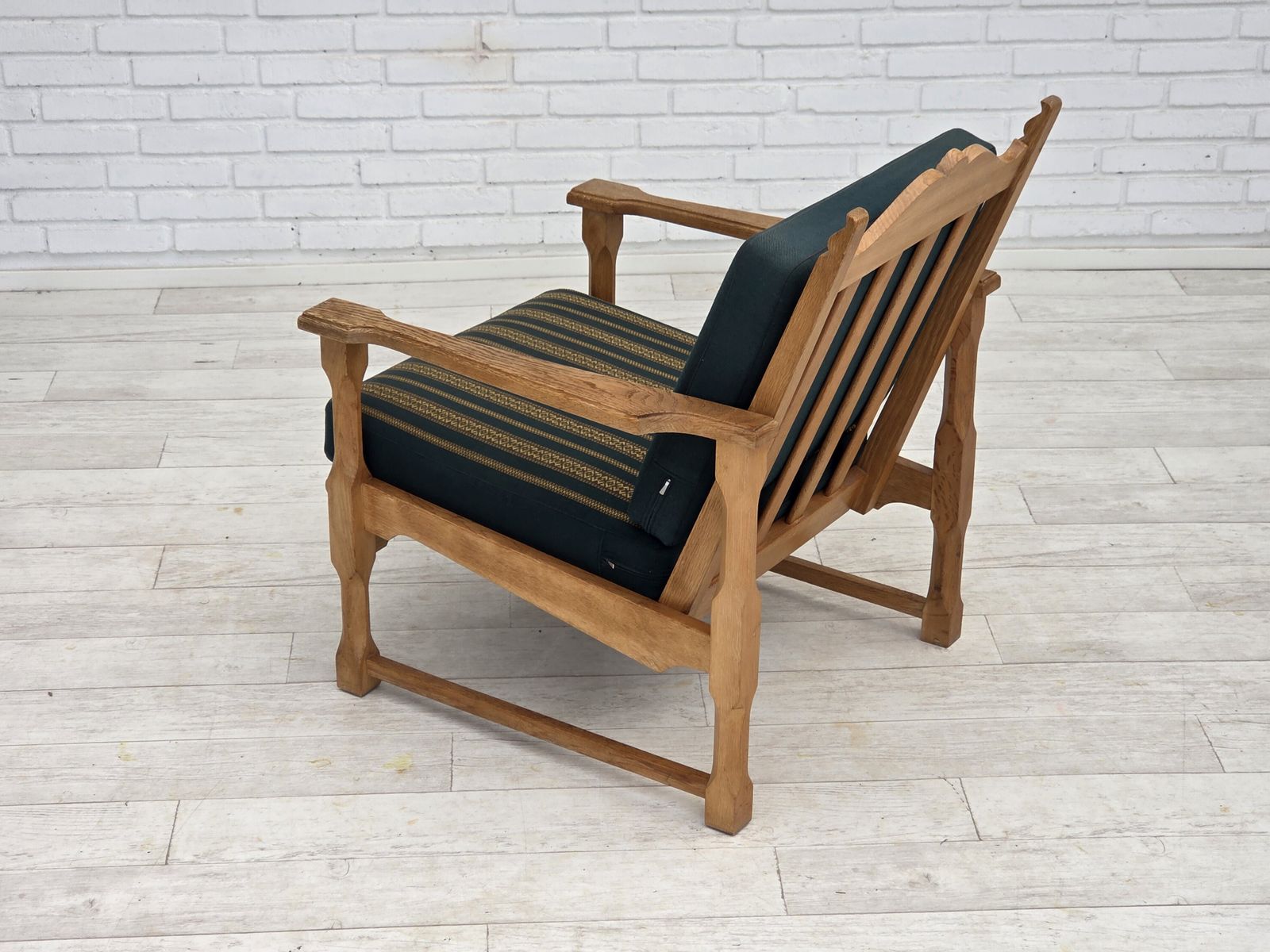 990.0 1970s, Scandinavian Lounge Chair, Green Furniture Wool, Solid Oak Wood. photo