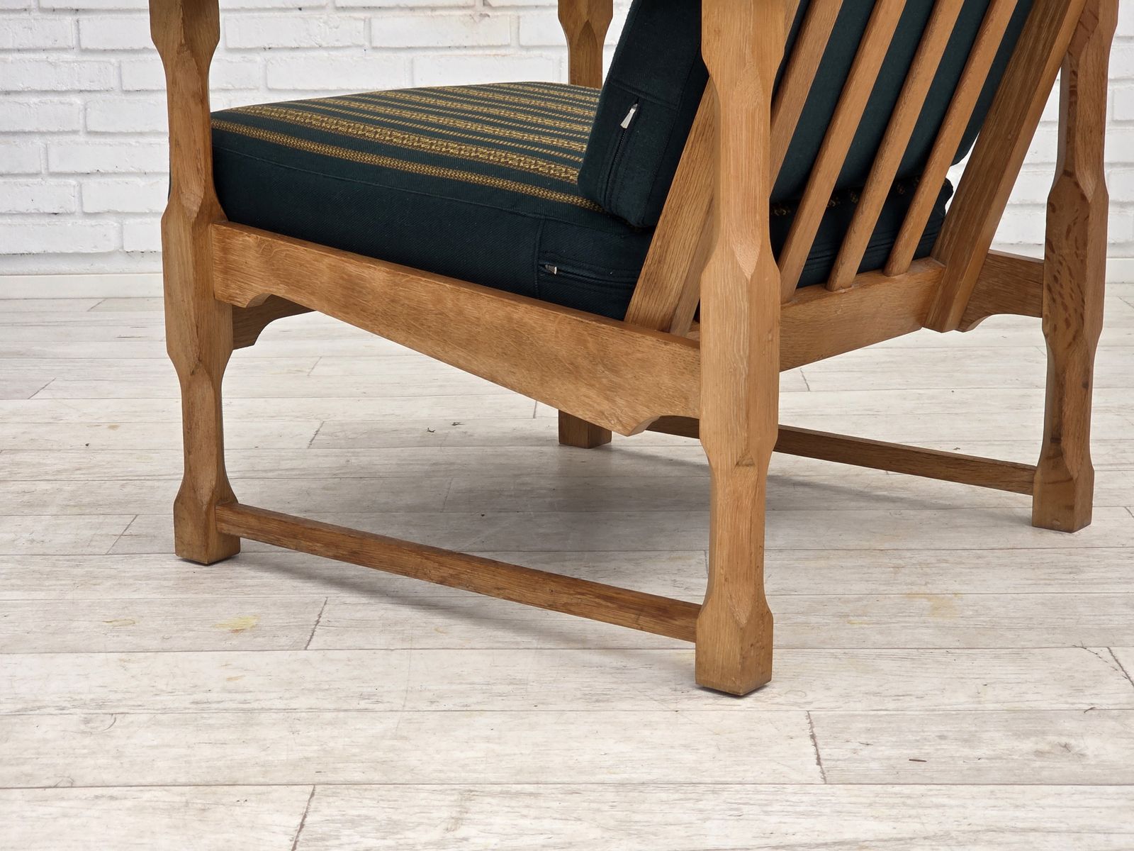 photo buy 1970s, Scandinavian Lounge Chair, Green Furniture Wool, Solid Oak Wood.