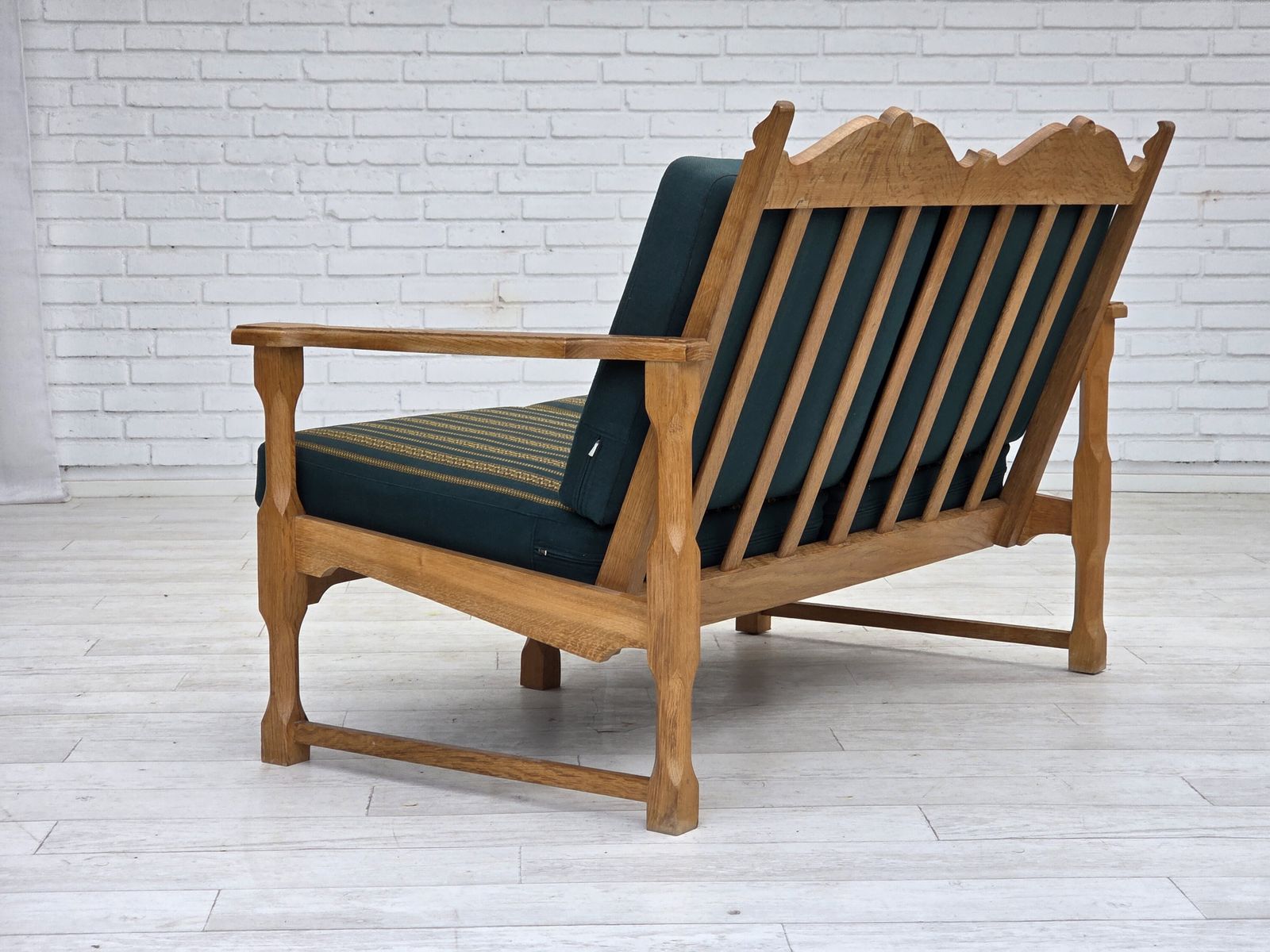 photo buy 1970s, Scandinavian 2 Seater Sofa, Furniture Wool, Solid Oak Wood.