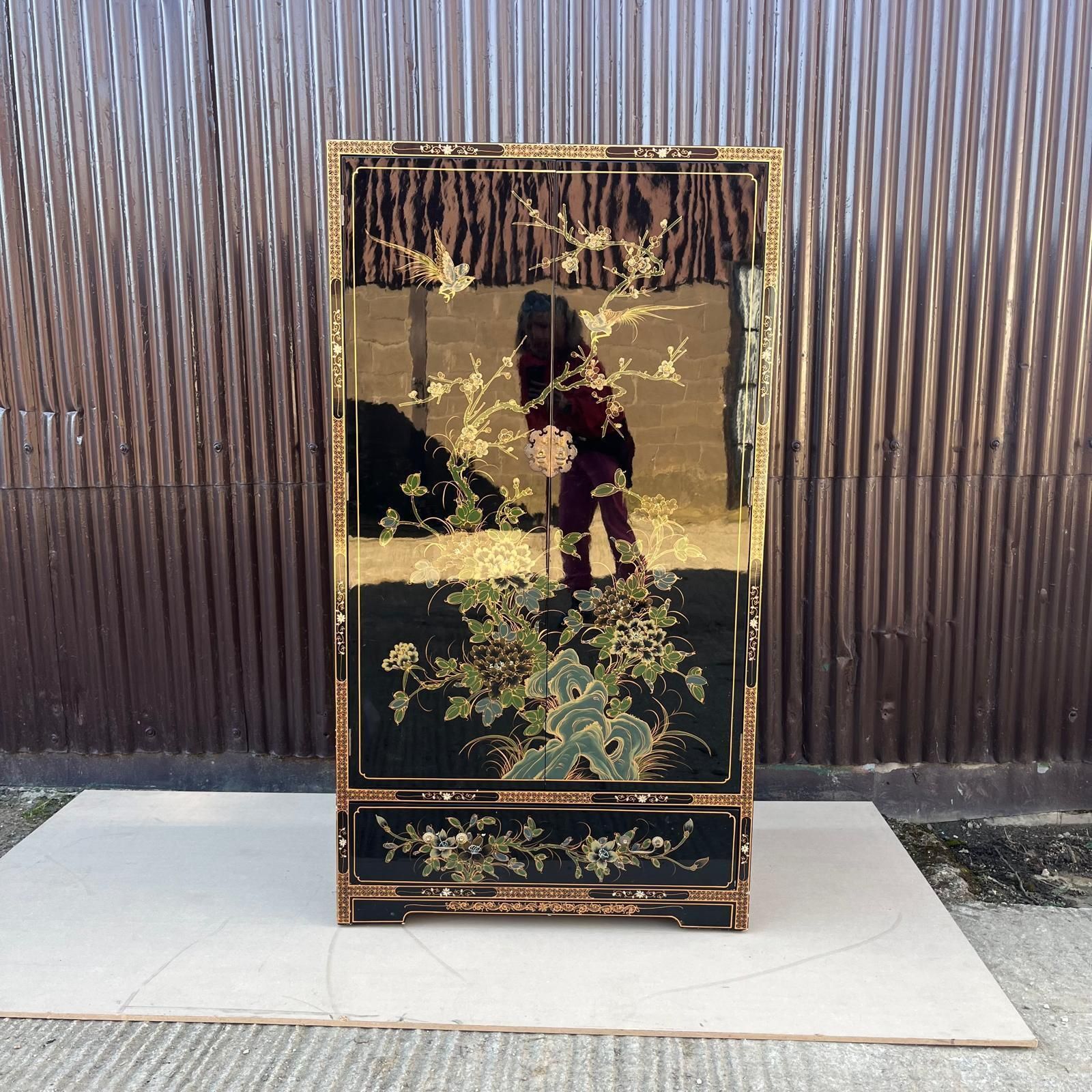 photo for sale Black Lacquered Chinoiserie Wardrobe With Drawers