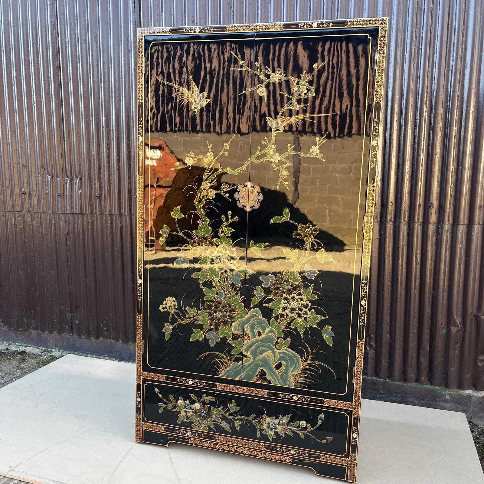 Furniture Black Lacquered Chinoiserie Wardrobe With Drawers photo