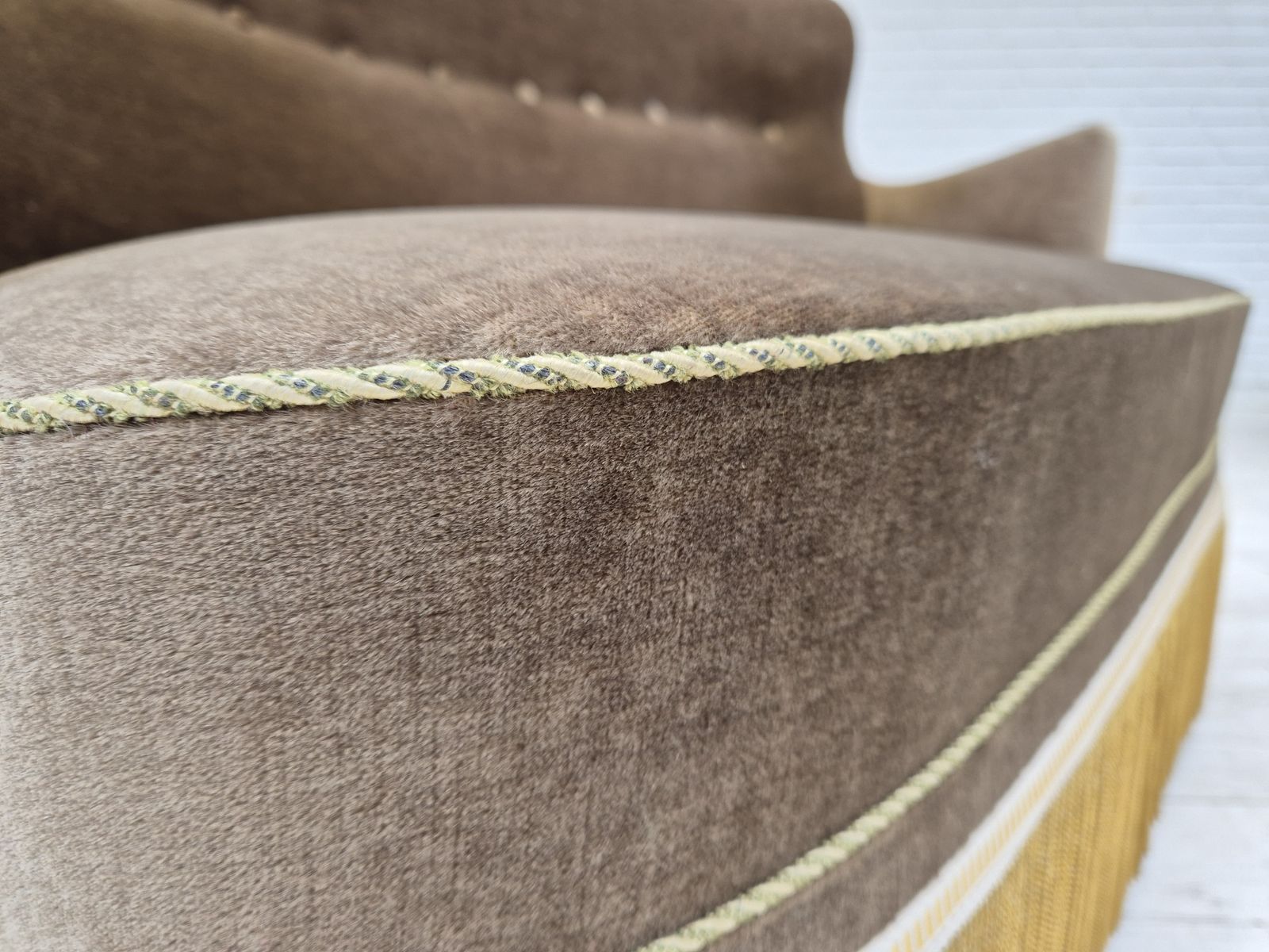 photo for sale 1960s, Danish 2 Seater Sofa, Green Furniture Velour, Original Condition.