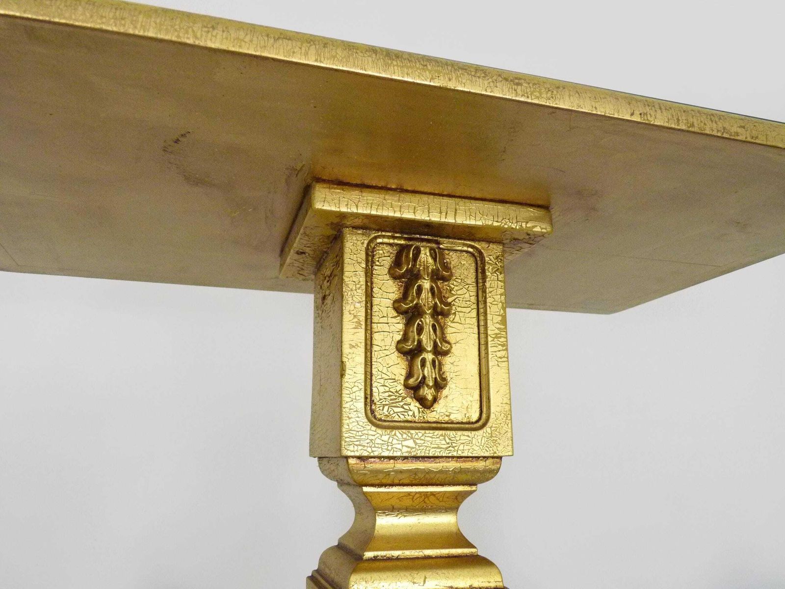 Console, Pedestal Table, Side Table In Gilded Wood, Beveled Mirror Top. 1970s photo vinterior