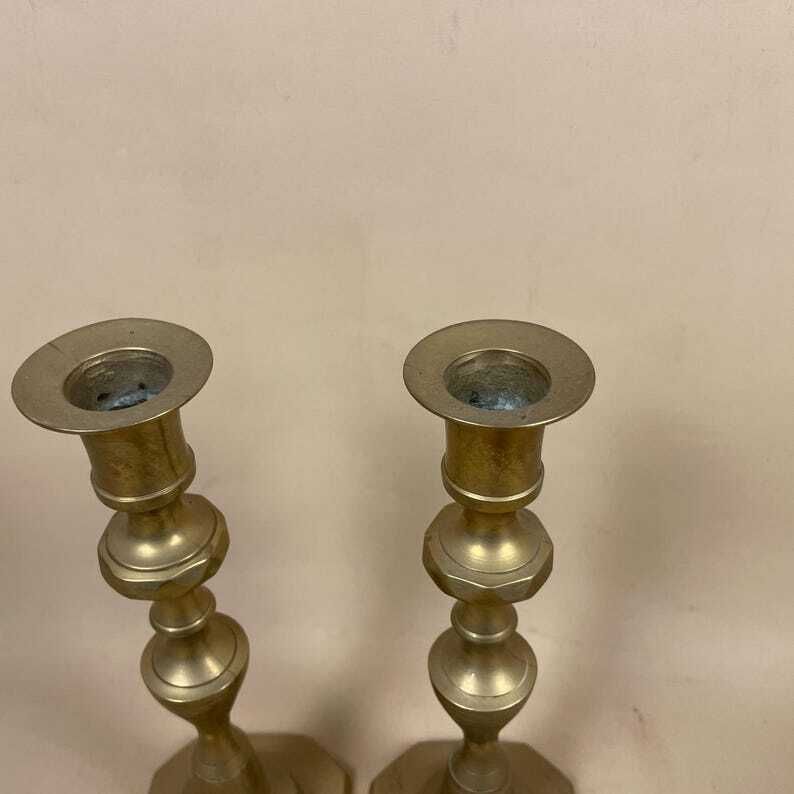 Antique Matching Pair Of Gold Brass Metal Candlestick Candle Stick Vintage Column Taper Dinner Candlesticks Base Pillar photo 55.0