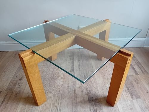 Contemporary French Tempered Glass And Solid Oak Drinks /Coffee Table Of Quality photo 245.0