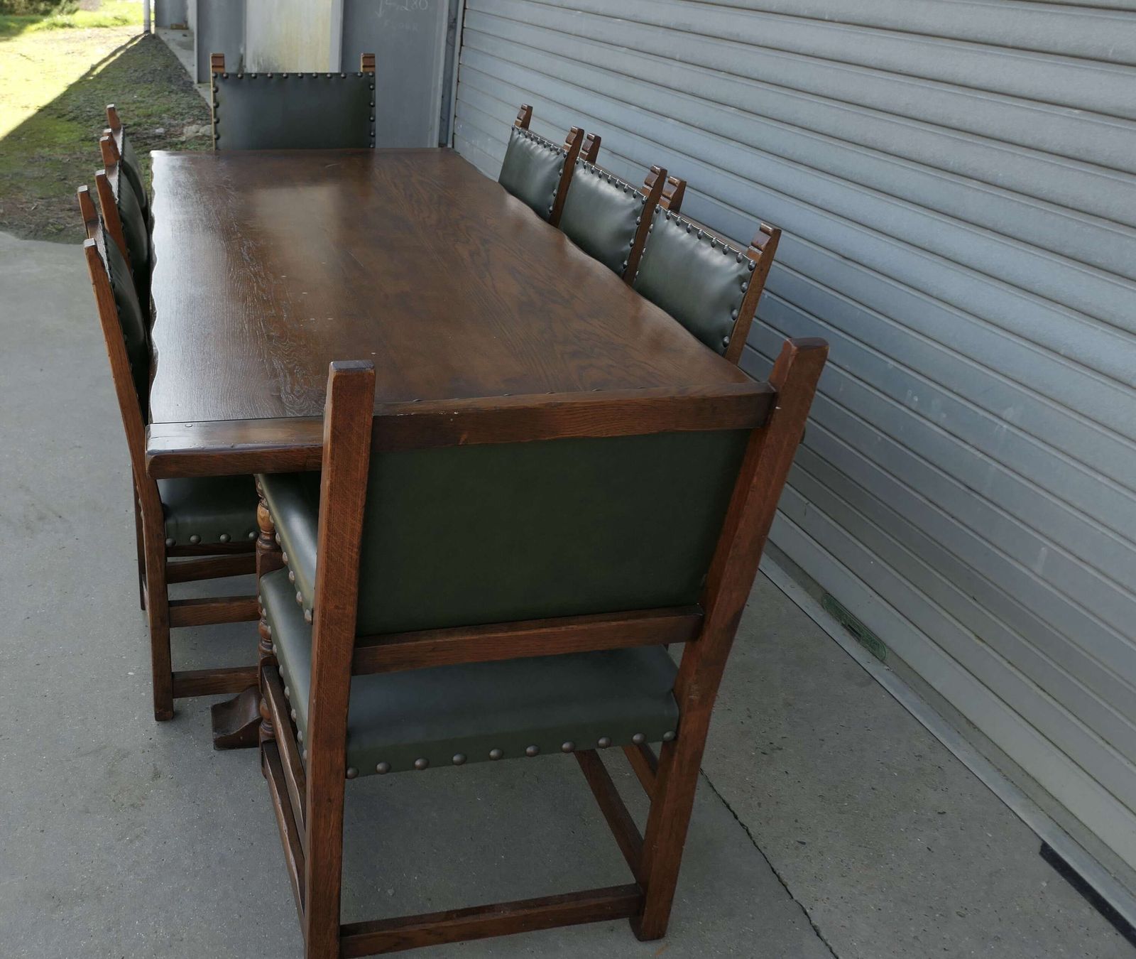 Mid Century Country Oak Refectory Table With Oak And Leather Dining Chairs photo for sale