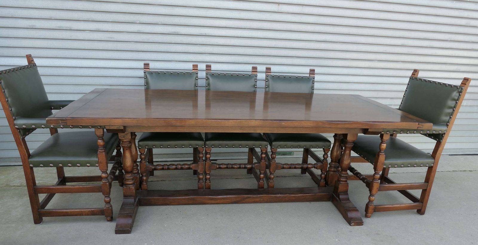 Mid Century Country Oak Refectory Table With Oak And Leather Dining Chairs photo vinterior