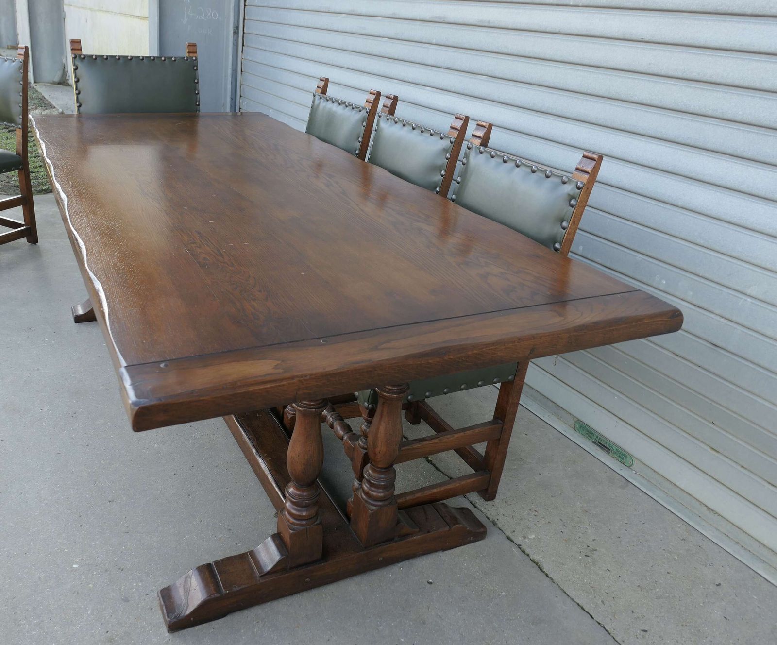 Mid Century Country Oak Refectory Table With Oak And Leather Dining Chairs photo vintage