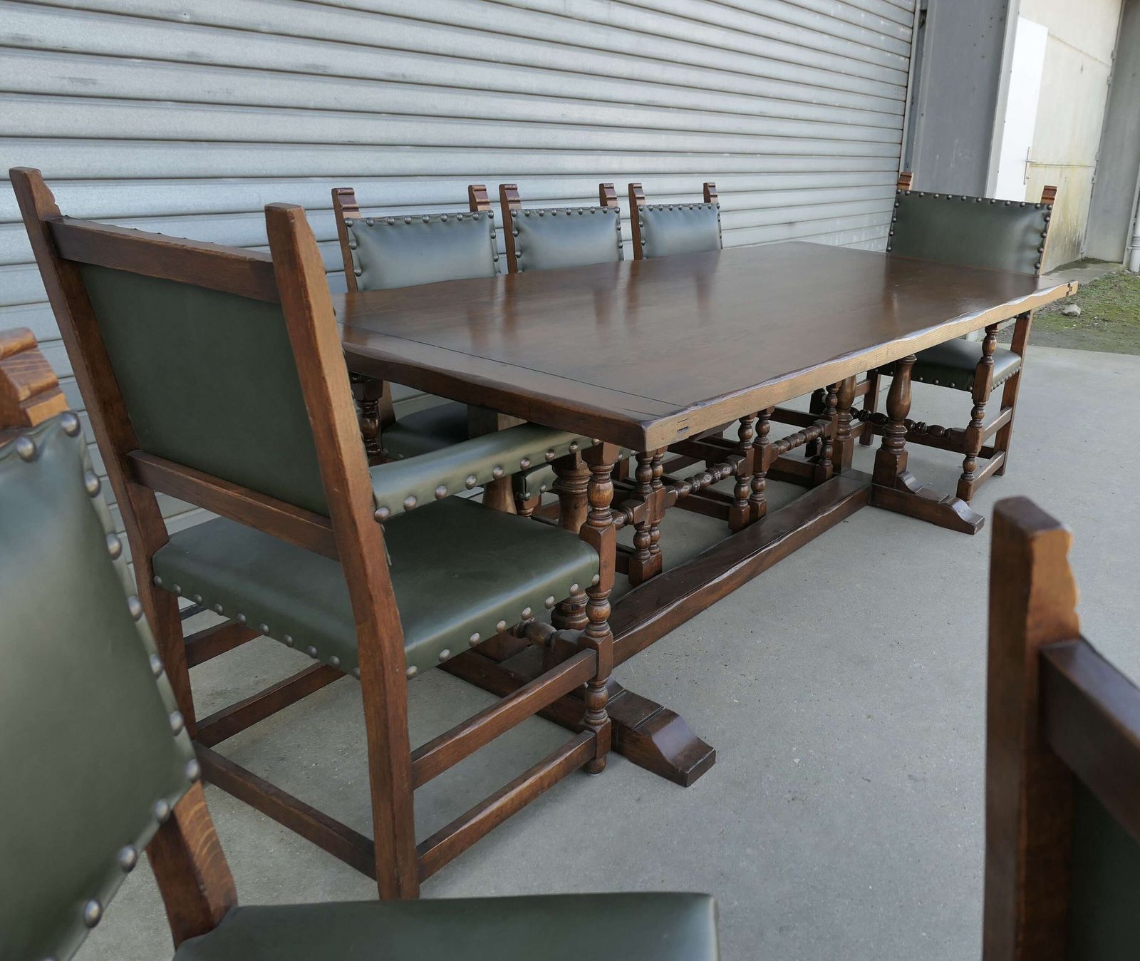 photo for sale Mid Century Country Oak Refectory Table With Oak And Leather Dining Chairs