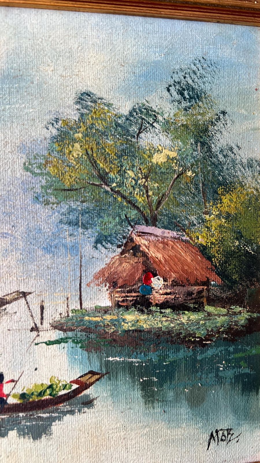Mid Century Signed Oil Painting – Tranquil Riverside Scene photo for sale