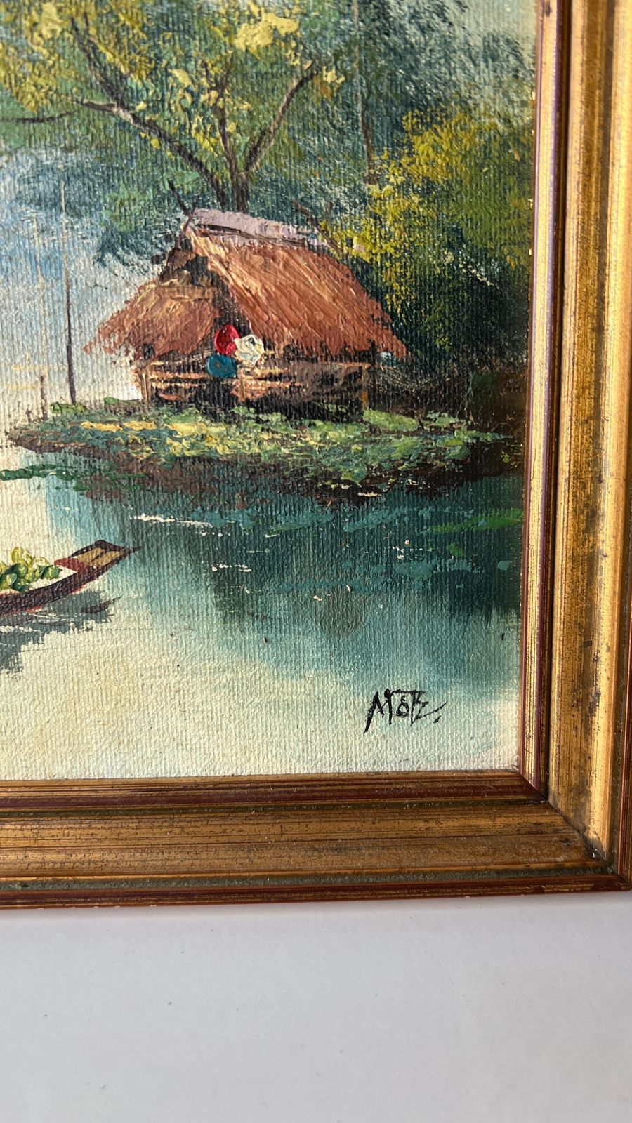 Mid Century Signed Oil Painting – Tranquil Riverside Scene photo Art