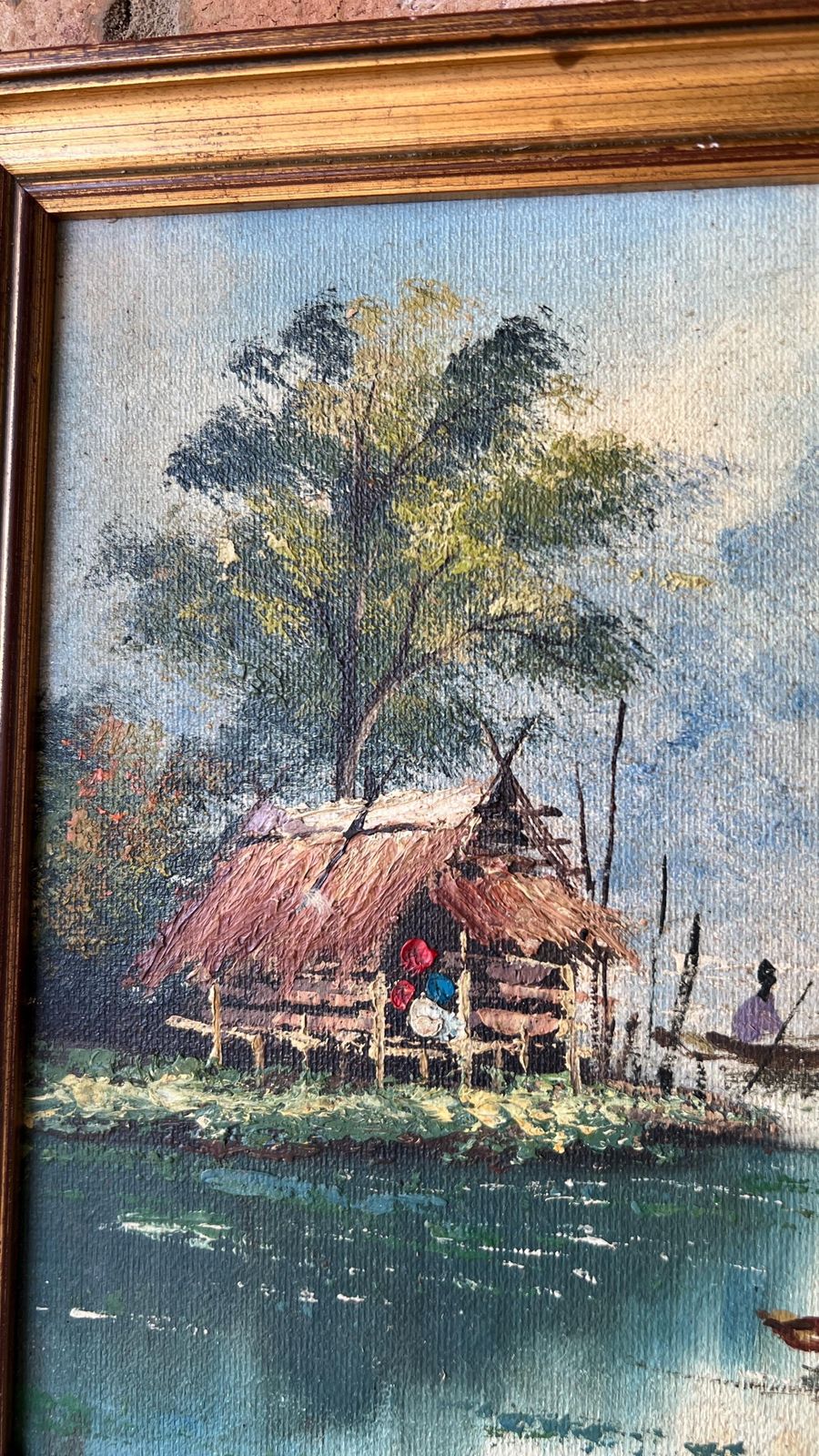 Mid Century Signed Oil Painting – Tranquil Riverside Scene photo vintage