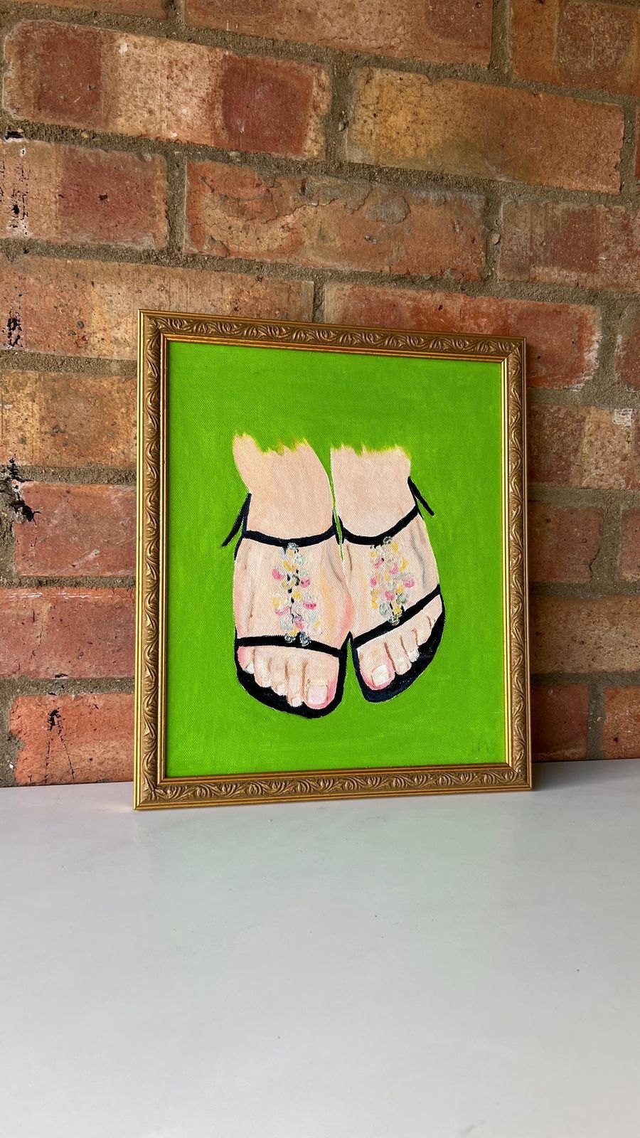 Contemporary Oil Painting Of Feet In Sandals – Vibrant Green Background