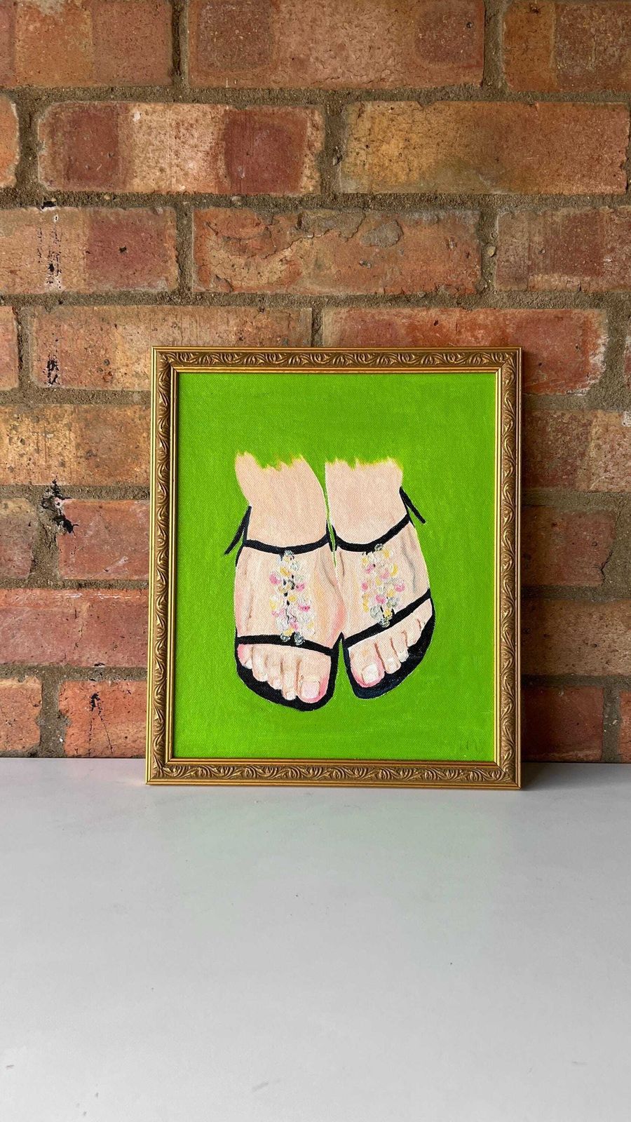 Contemporary Oil Painting Of Feet In Sandals – Vibrant Green Background photo furniture