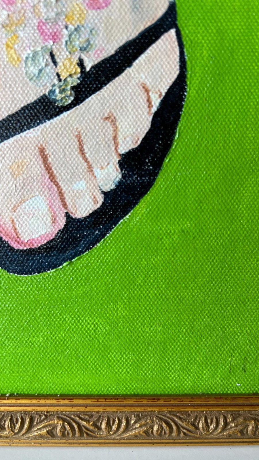 Contemporary Oil Painting Of Feet In Sandals – Vibrant Green Background photo 99.0