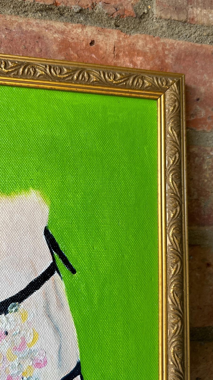 Contemporary Oil Painting Of Feet In Sandals – Vibrant Green Background photo vintage