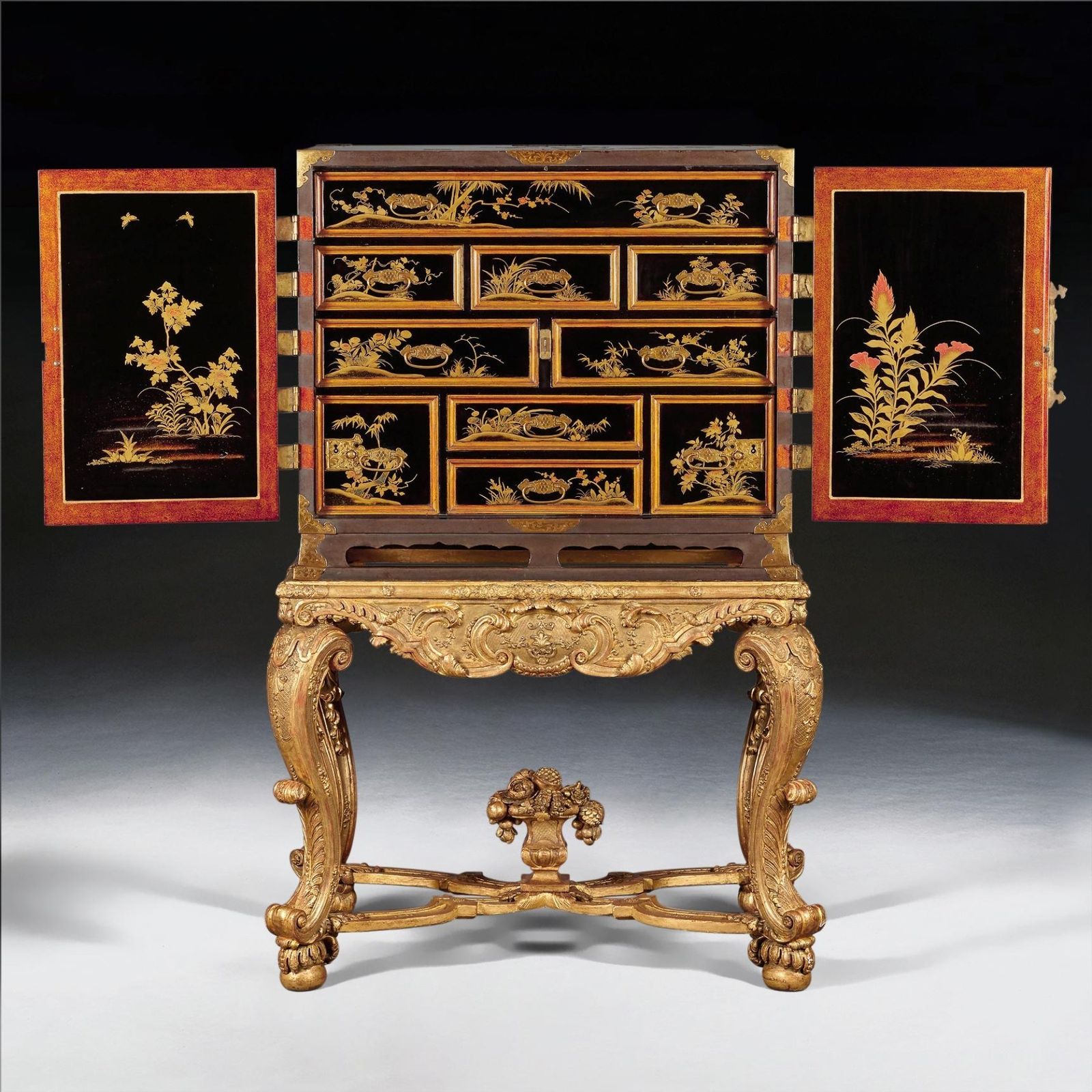 17th Century Japanese Lacquer Cabinet On French Giltwood Regence Stand photo vintage