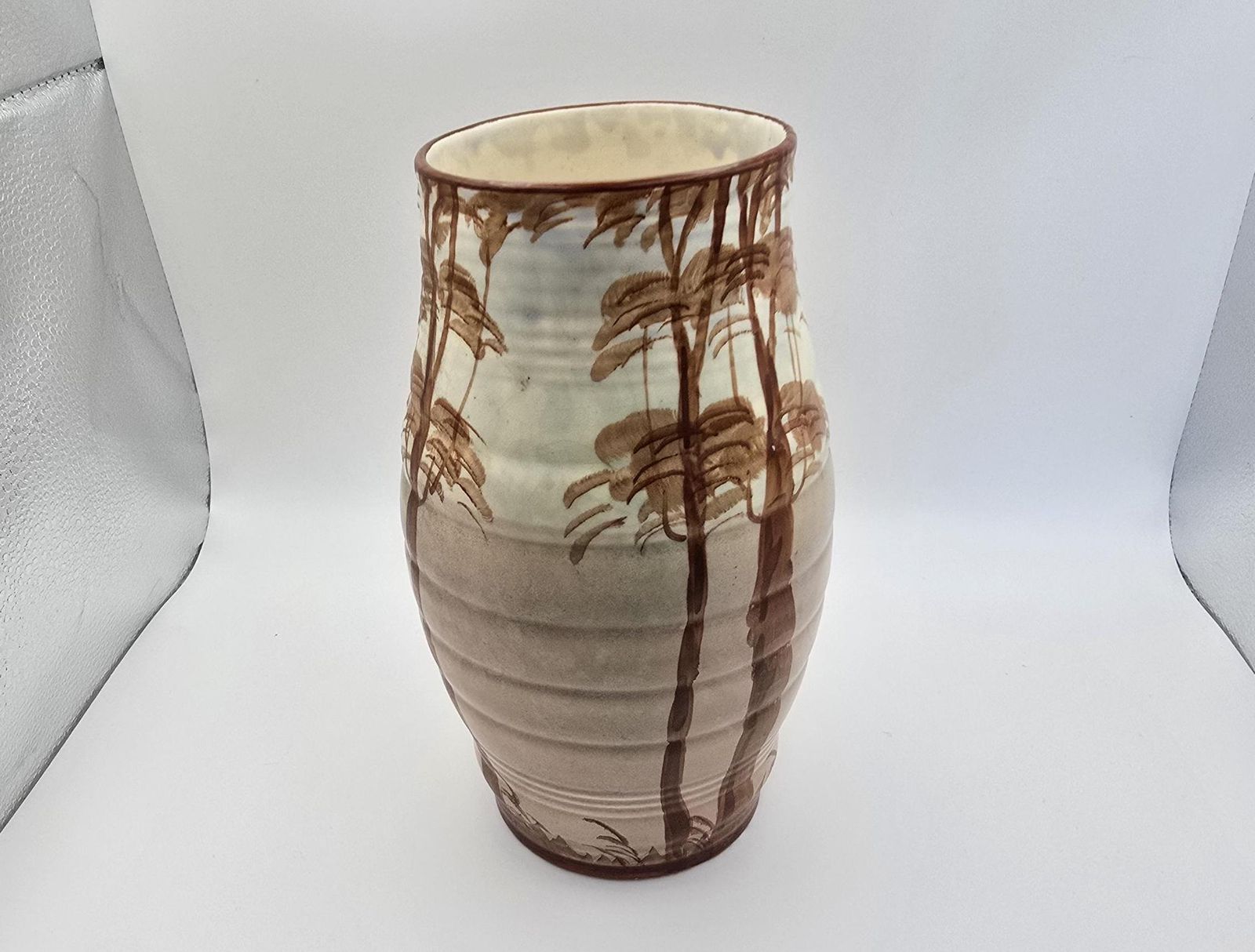 Art Deco Thomas Forester & Sons Phoenix Ware Vase   Ribbed Brown Vase With Hand Painted Trees   1930s photo for sale